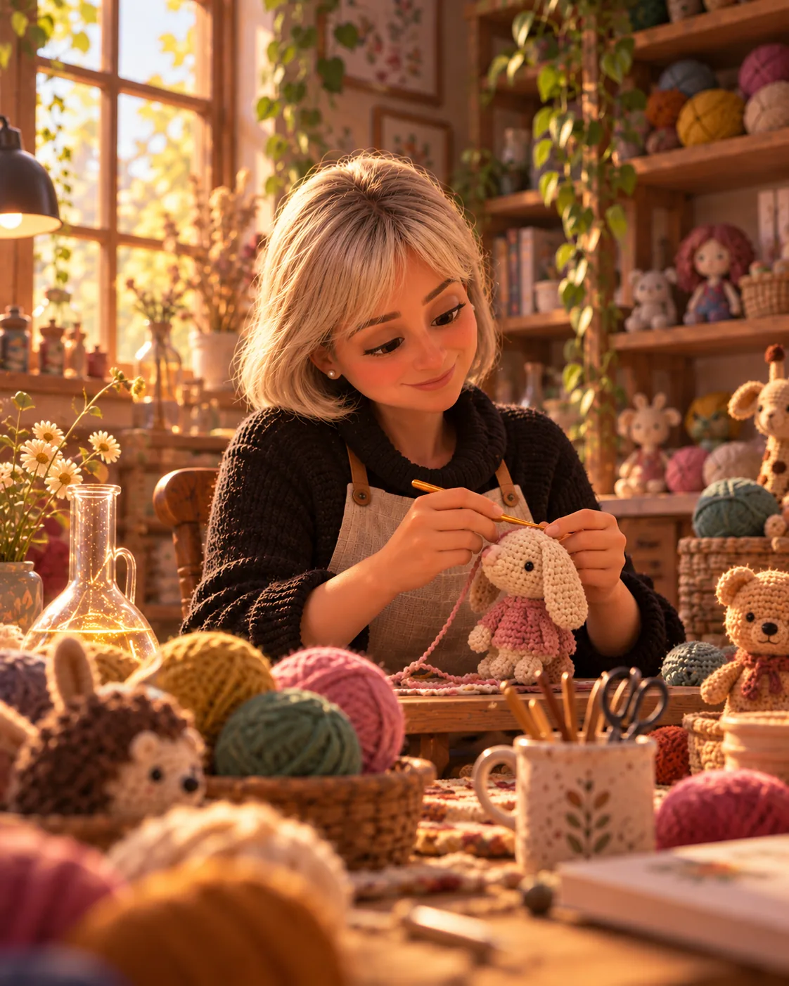 Claudia en su taller, tejiendo una conejita rosa rodeada de ovillos y amigurumis.